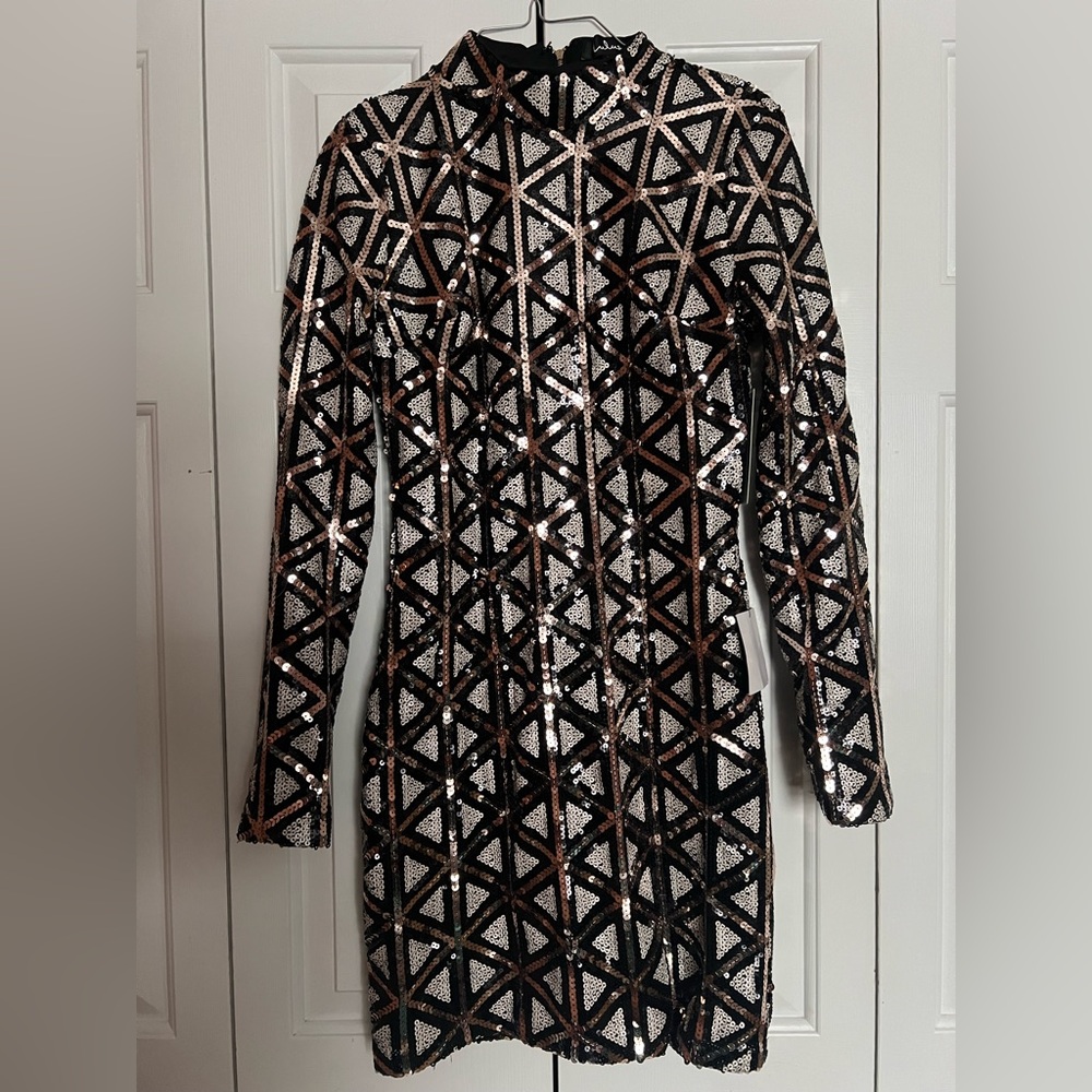 Lulus Black and Gold Sequin NYE Dress NWT